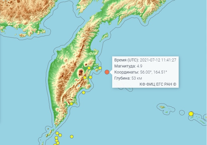 Землетрясение магнитудой 4,9 произошло на Камчатке. 