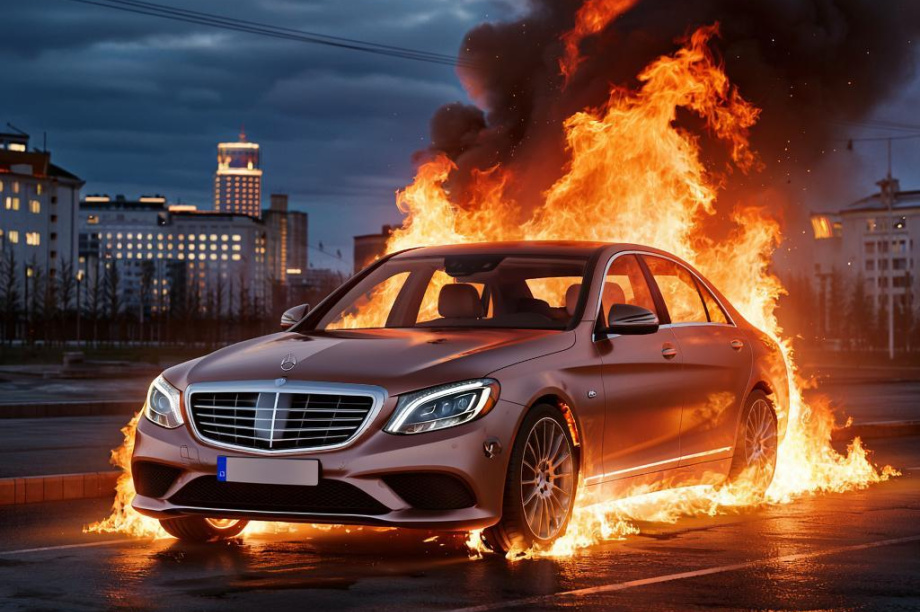 Ночью в столице Камчатки дотла сгорел Mercedes S-500 . Фото: ИИ