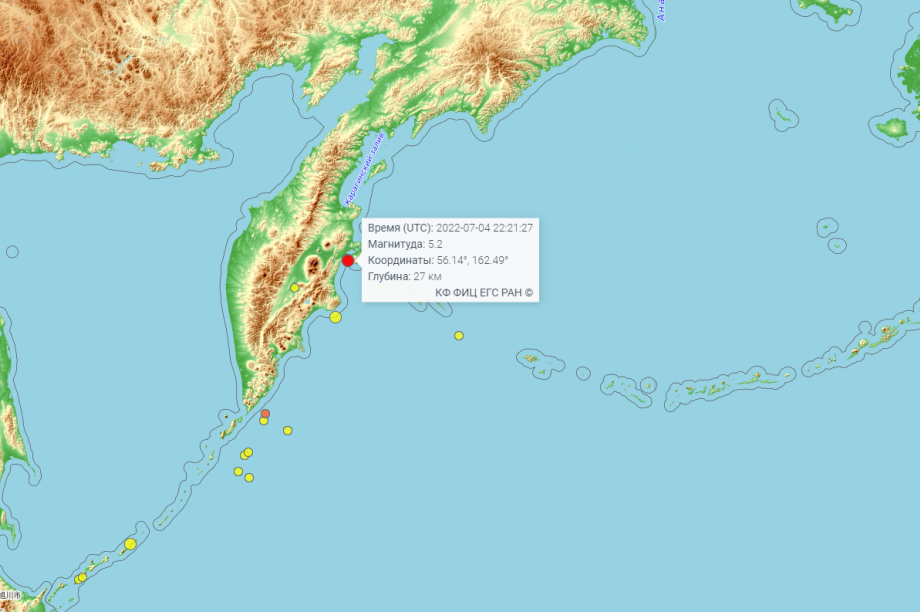 Два землетрясения магнитудой до 5,2 произошли на Камчатке. 