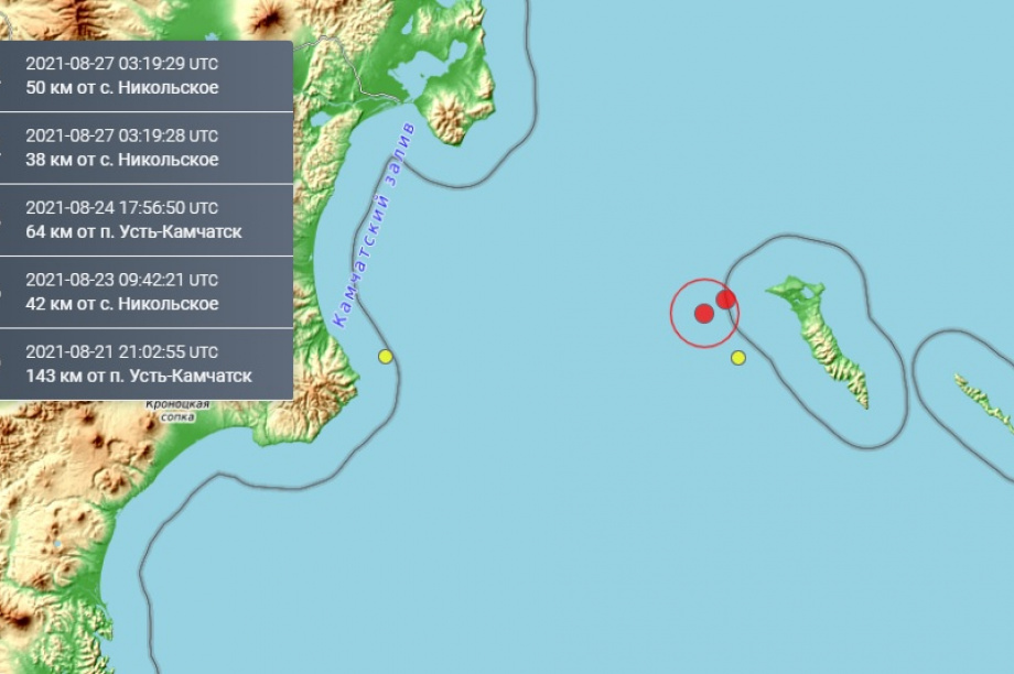 Два землетрясения произошли в районе острова Беринга. 