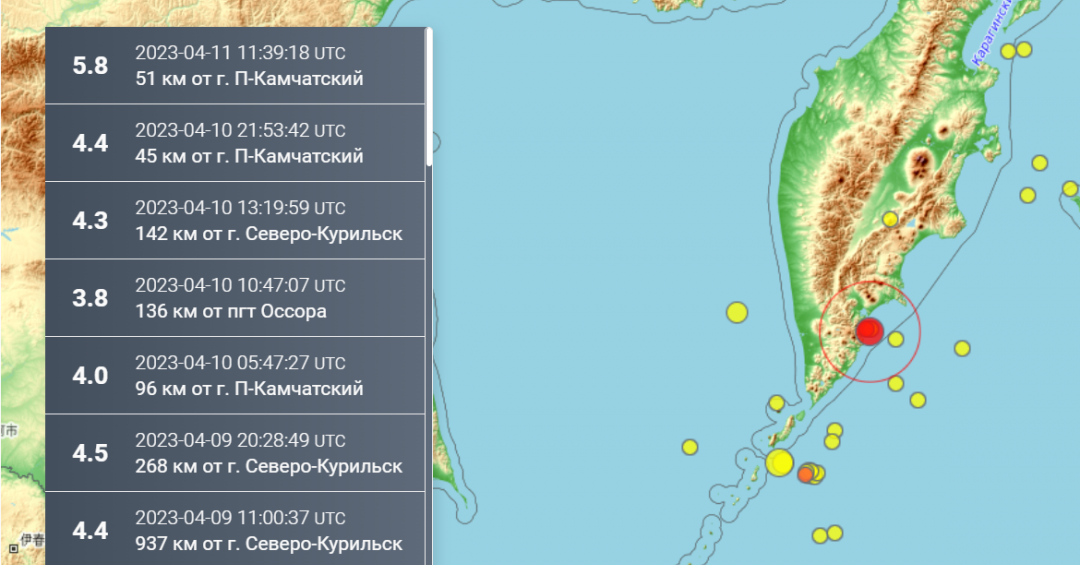 Карта землетрясений онлайн в реальном времени камчатка